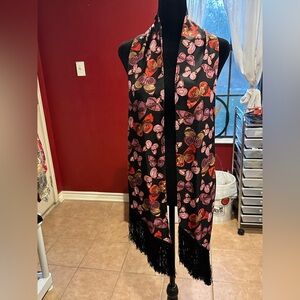 Retro Butterfly Print Satin Scarf Black Fringe Trim Boho Glam Neck Wrap